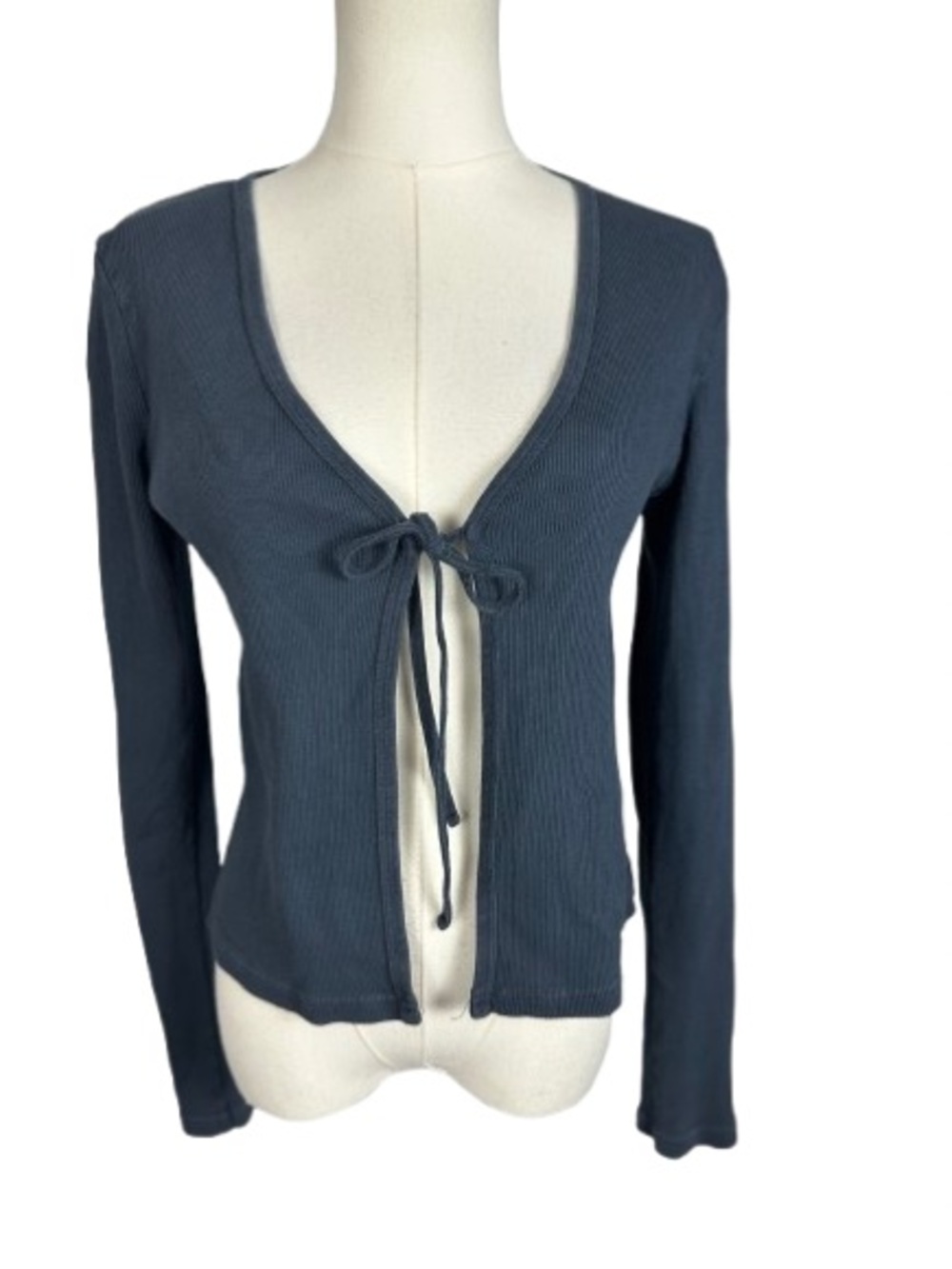 Navy Blue Tie-Front Ribbed Women's Sweater